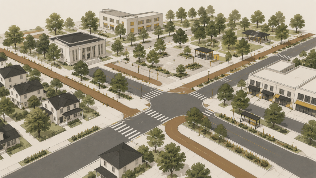 Minimalist editorial illustration of a protected neighborhood bike lane connecting sidewalks, crosswalks, transit stops, parks, and civic buildings, representing bike lanes as transportation infrastructure.