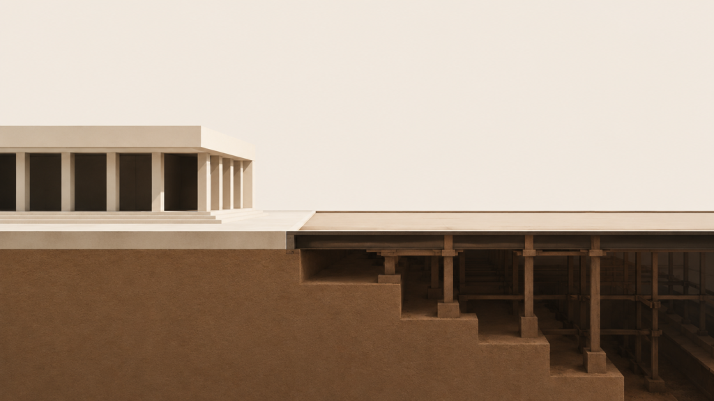 Minimalist editorial architectural illustration showing a completed visible structure transitioning into deeper underlying reinforcement to represent the distance between public announcements and institutional implementation.