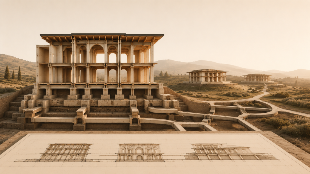 Minimalist architectural illustration showing one enduring civic structure connected through deep foundations to future structures, symbolizing legacy, stewardship, and generational continuity.