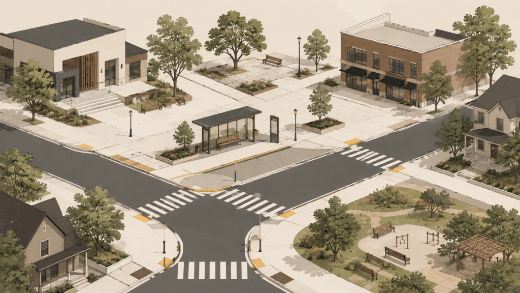 Minimalist editorial illustration of an accessible neighborhood bus stop connected to sidewalks, crosswalks, public spaces, and local businesses, representing bus stops as essential public infrastructure.