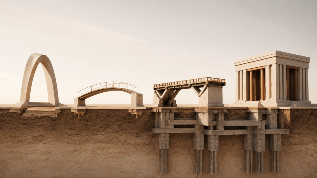 Four architectural structures progressing from shallow foundations to a fully engineered civic building, illustrating the progression from chemistry to lasting commitment.
