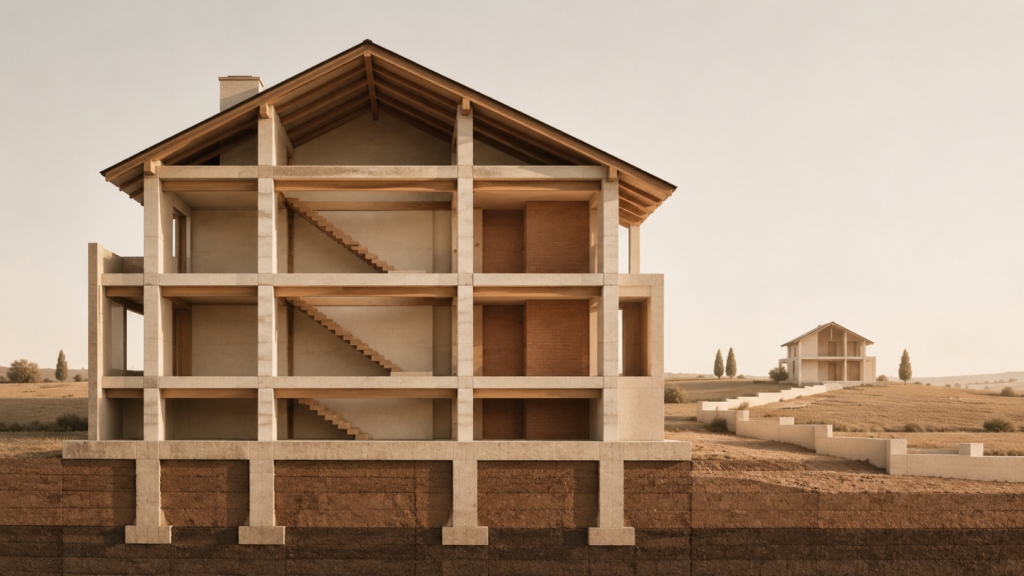 Minimalist architectural cutaway of a family home showing repeating structural patterns that symbolize how children inherit behavior through daily routines and family culture.