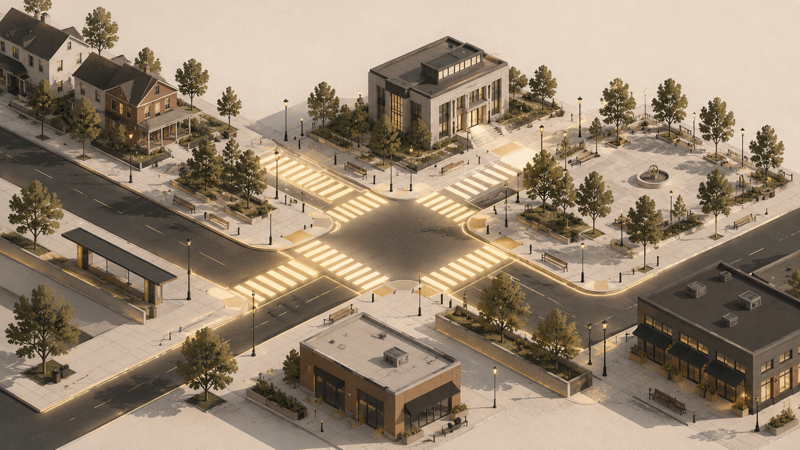 Minimalist editorial illustration of a well-designed urban crosswalk connecting sidewalks across a calm street, representing pedestrian safety and civic infrastructure.