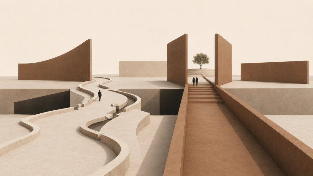 Minimalist architectural illustration showing the difference between dating and courting through two relational pathways, one exploratory and fluid, the other structured and moving toward shared commitment.