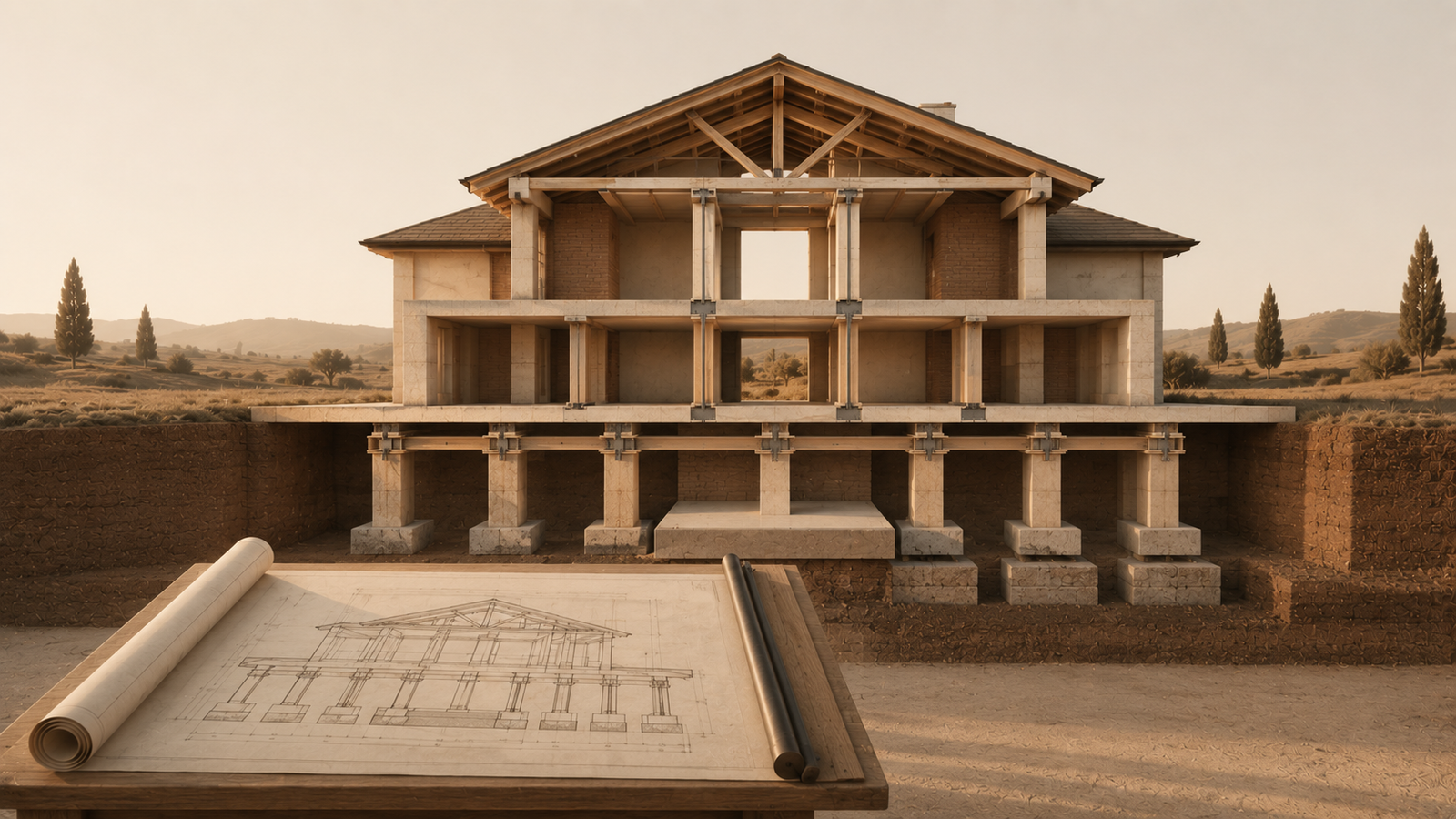 Minimalist architectural cutaway of a family home with an organized structural framework and architectural blueprint representing household governance through shared values, roles, communication, boundaries, leadership, and accountability.