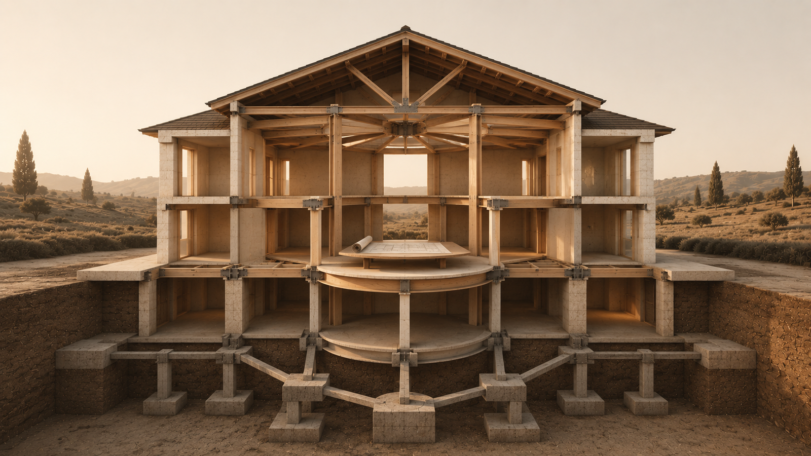 Minimalist architectural cutaway of a family home with a central gathering space and interconnected structural framework representing regular family meetings, communication, accountability, and shared decision-making.