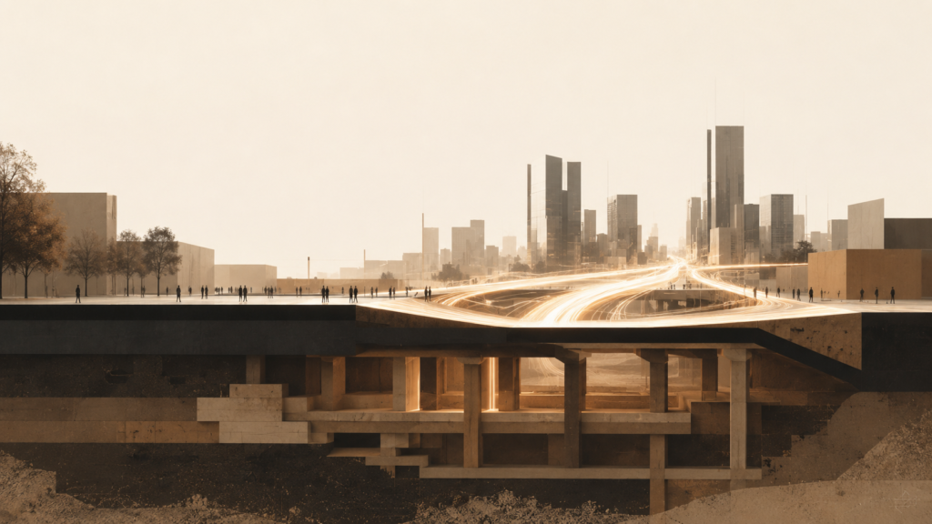Minimalist editorial architectural illustration showing illuminated channels of movement flowing through an active abstract city while stable structural foundations remain embedded below. Visible motion above contrasts with quiet permanence beneath. Warm sand tones, clay brown structures, charcoal accents, and expansive negative space.