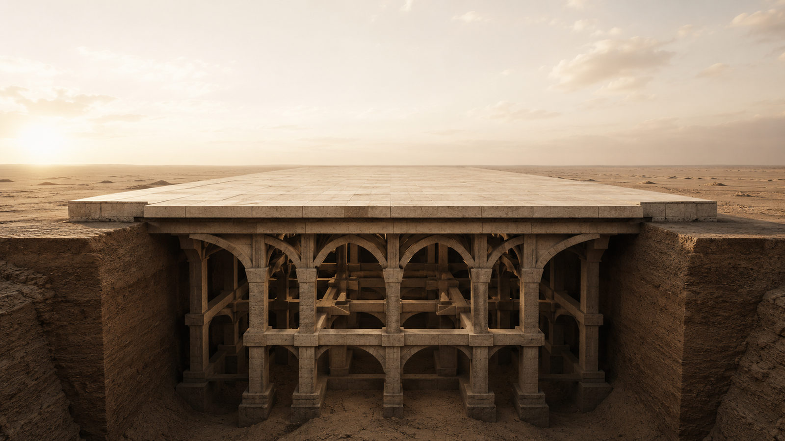 Minimalist architectural illustration of an elevated stone platform supported by deep hidden foundations revealed through a cutaway, symbolizing how lasting freedom depends on unseen structure and reinforcement.