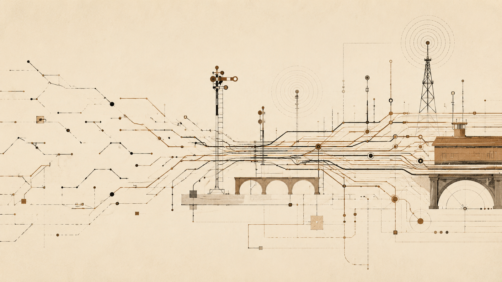 Granville Woods communication infrastructure illustration showing coordinated signal networks, railway signaling, electrical communication, and synchronized information pathways.