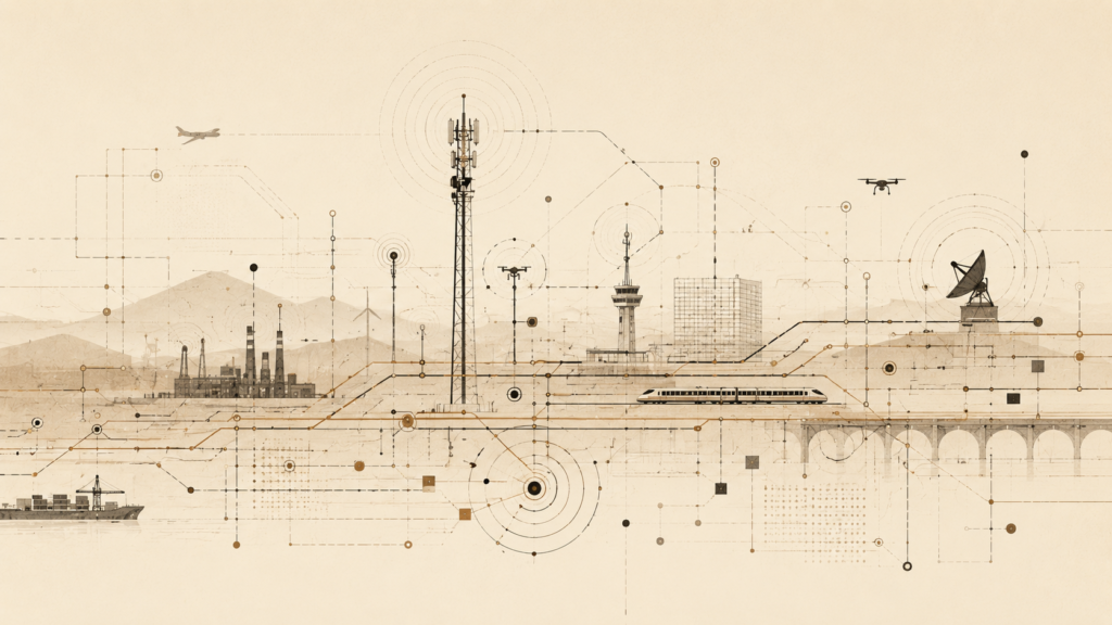 Editorial infrastructure illustration showing modern communication networks, coordinated signaling systems, and synchronized information pathways.