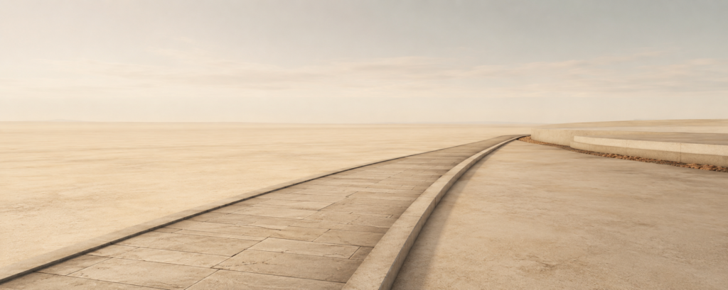 Ultra-wide minimalist editorial illustration showing a narrow maintained architectural path opening into expansive calm space. The path remains visible but visually secondary as spacious negative space dominates the composition. Warm sand and muted stone tones with restrained clay-brown maintenance details suggest long-term care without visible reward or destination.