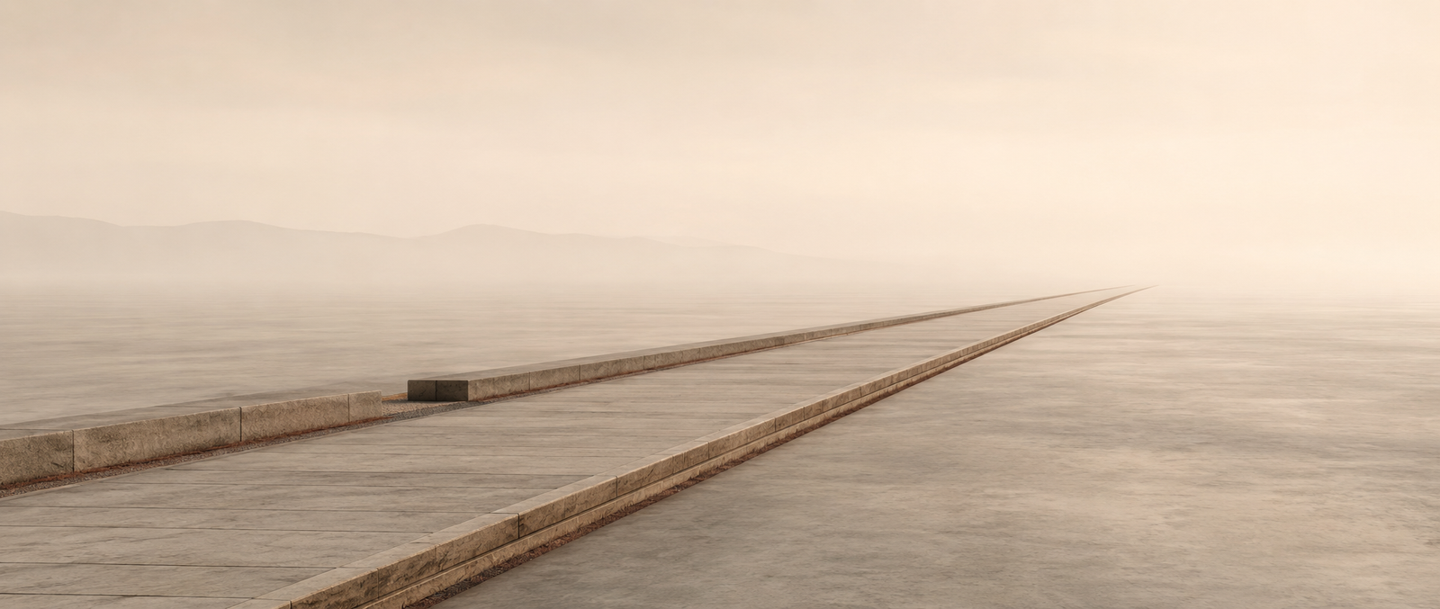 Minimalist editorial architectural illustration showing a quiet continuous pathway extending across open space without milestones or visible measurements, symbolizing sustained progress and disciplined continuation.