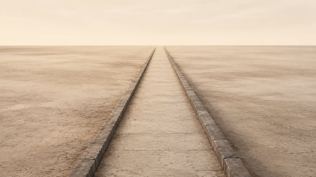 Minimalist editorial architectural illustration of a narrow worn path continuing calmly through open open space, showing subtle maintenance and repeated passage without decline.