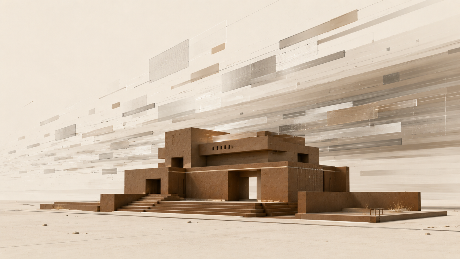 Minimalist editorial architectural illustration showing a grounded clay-brown structure remaining stable while layered geometric forms move around it, representing adaptability without losing structural integrity.