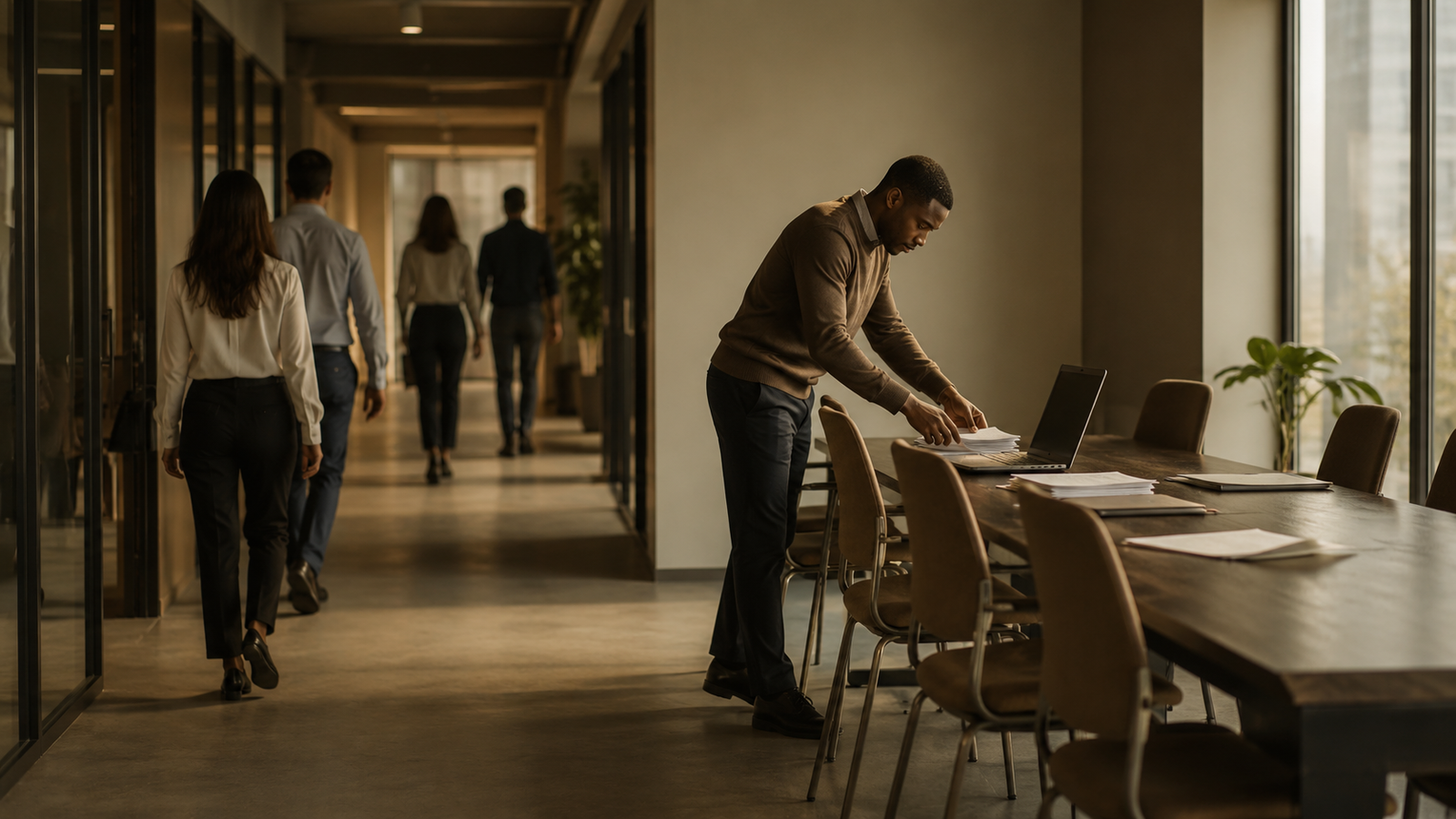 One employee quietly restoring order in an office conference area while coworkers leave, illustrating the free rider problem at work