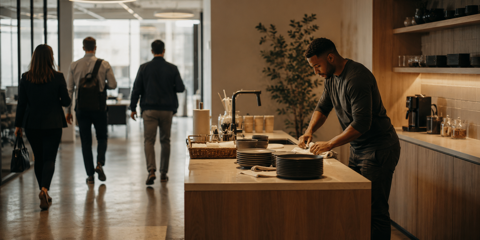 One employee maintaining an office break room while coworkers leave, showing invisible labor and uneven workplace responsibility