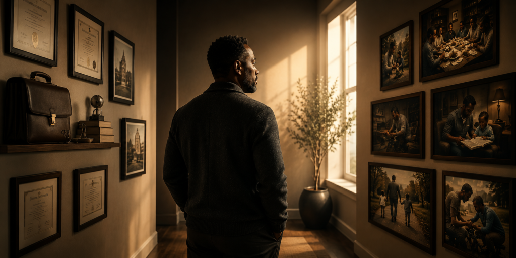 Man standing between symbols of achievement and everyday family rituals, reflecting on how disciplined habits shape lasting legacy.