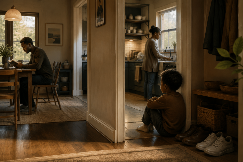 Child quietly observing ordinary family routines and daily behavior patterns.