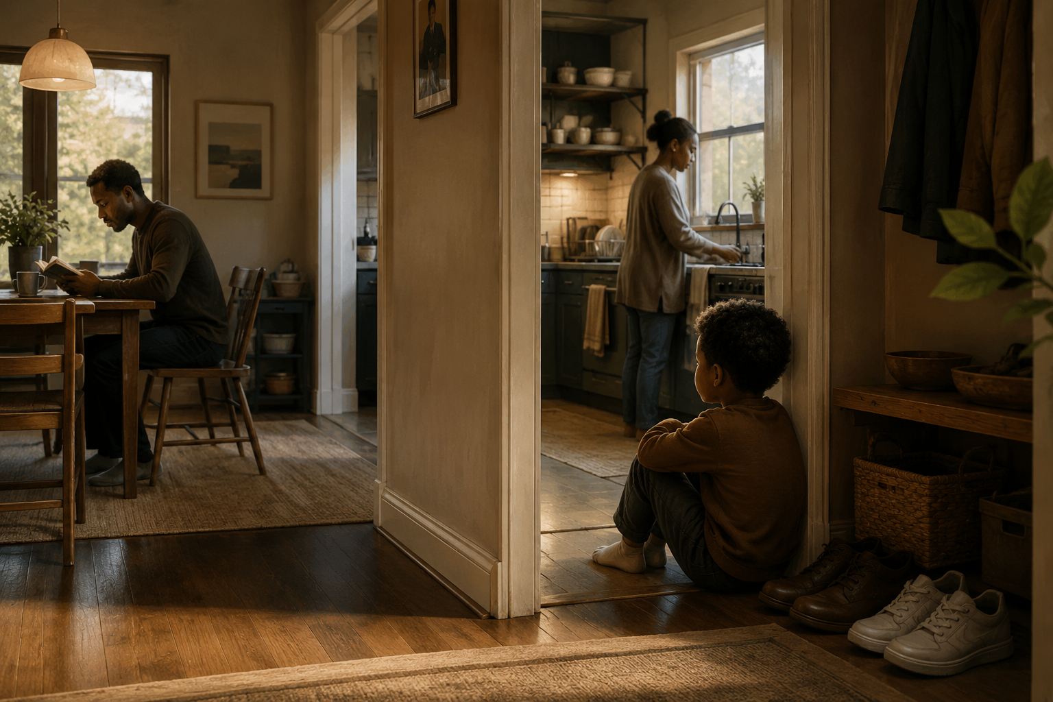 Child observing everyday family routines from a hallway while adults move naturally through shared spaces, illustrating how children learn through observation and modeled behavior.