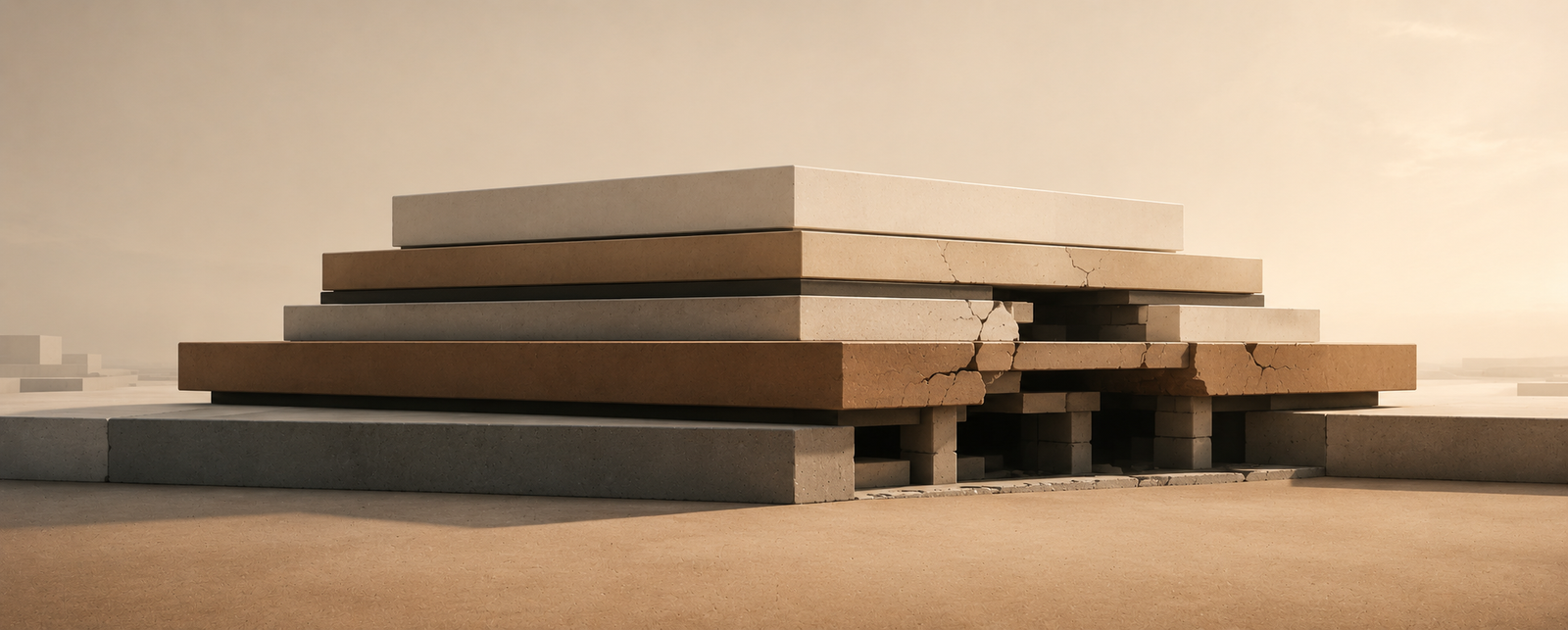 Wide minimalist architectural composition with layered modern forms gradually revealing concealed instability and unsupported foundations beneath an orderly exterior.