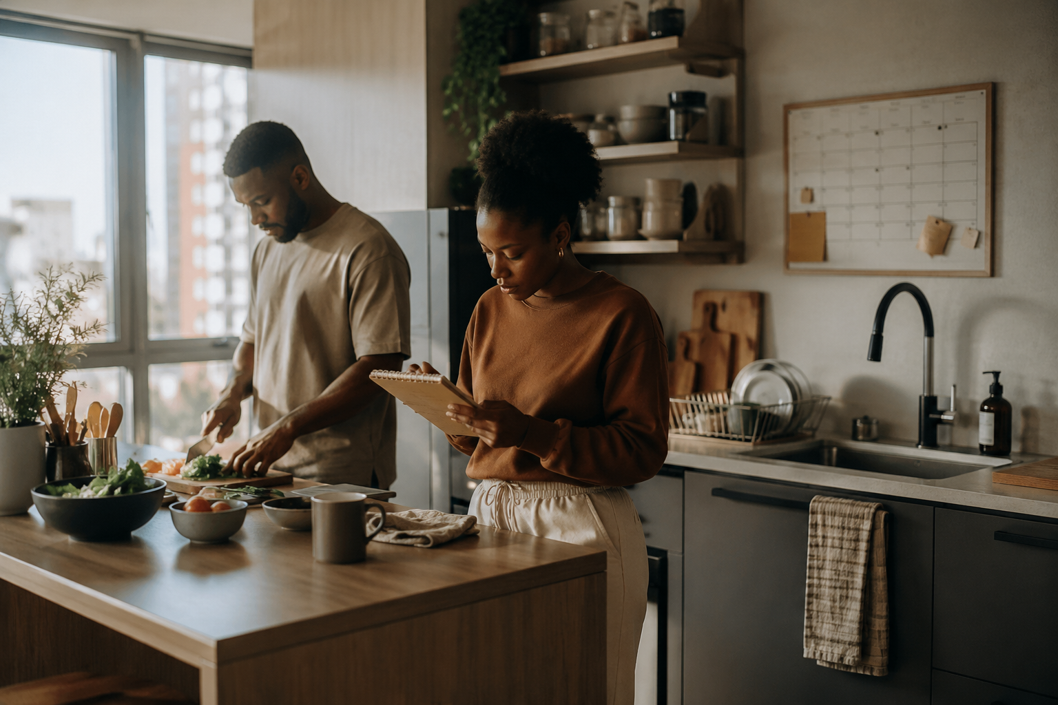 Two adults working together in a calm kitchen environment, representing relationship infrastructure through shared routines and everyday partnership.