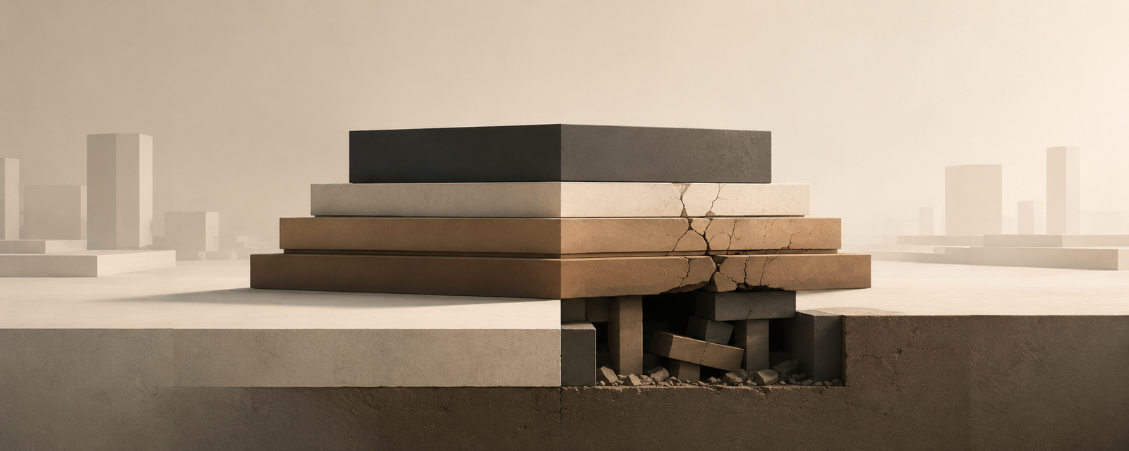 Minimalist architectural illustration showing calm layered structures with subtle hidden fractures beneath stable surfaces, symbolizing pressure exposing structural weakness beneath emotional certainty.