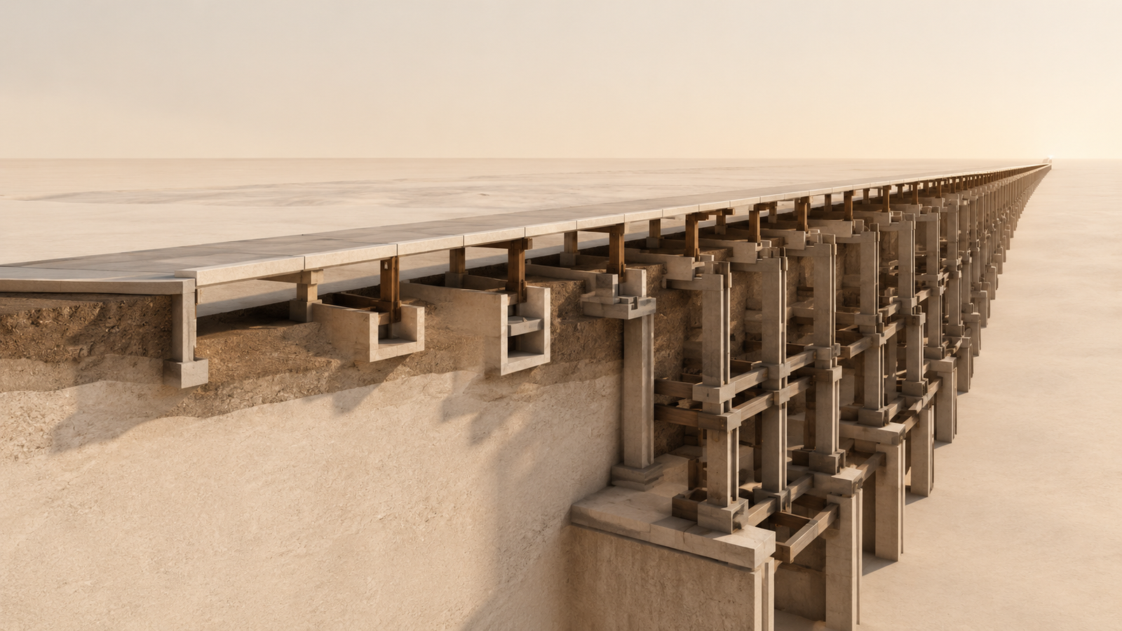 Minimalist architectural illustration showing a long elevated pathway supported by increasingly deep hidden foundations, symbolizing slow personal growth and unseen transformation.