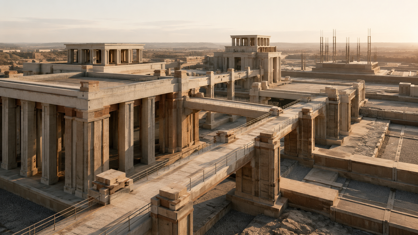 Interconnected architectural structures joined by reinforced bridges and shared foundations representing governance, stewardship, and coordinated systems.