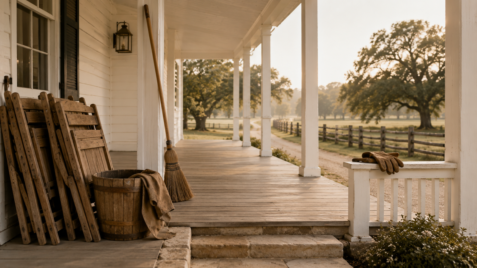 Quiet Southern front porch with stacked chairs, bucket, broom, gloves, and swept floor symbolizing leadership responsibility after recognition has ended.