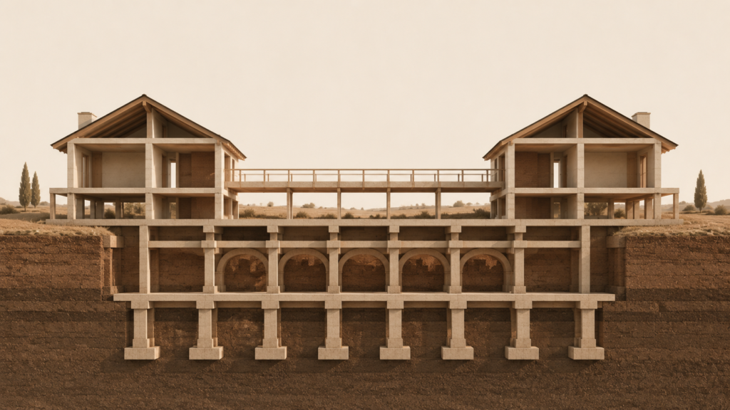 Minimalist architectural illustration of two homes connected by a walkway and shared foundations, symbolizing how healthy relationships need trust, communication, responsibility, and repair.
