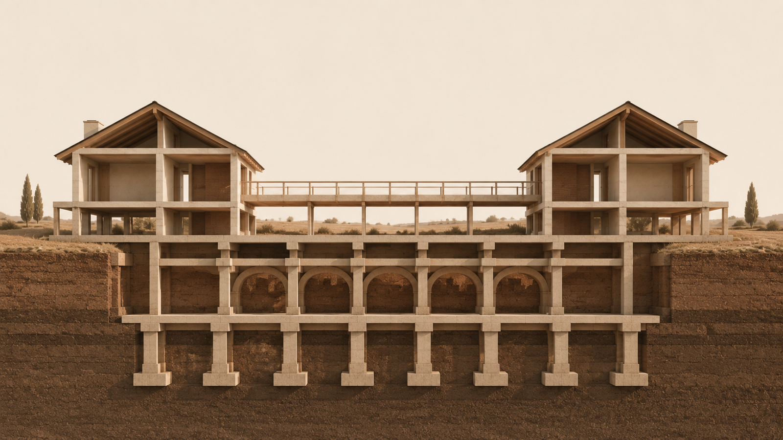 Minimalist architectural illustration of two homes connected by a walkway and shared foundations, symbolizing how healthy relationships need trust, communication, responsibility, and repair.