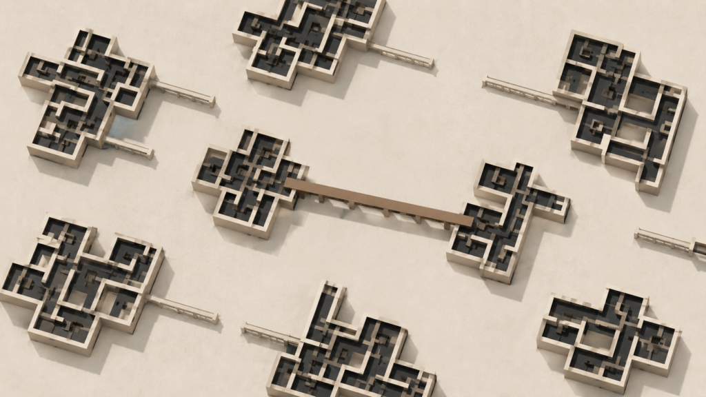 Minimalist architectural illustration showing separated structural clusters with incomplete bridge connections representing male loneliness and weakened social infrastructure.