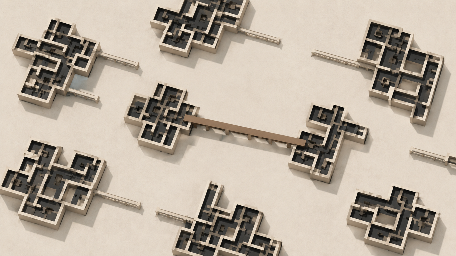 The Quiet Work — Fragmented Connection Minimalist architectural illustration showing separated structural clusters with incomplete bridge connections representing male loneliness and weakened social infrastructure.