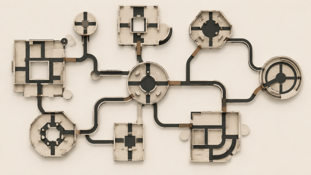 Minimalist architectural illustration showing balanced structural zones with adaptive load distribution representing mental wellness for men and emotional regulation.