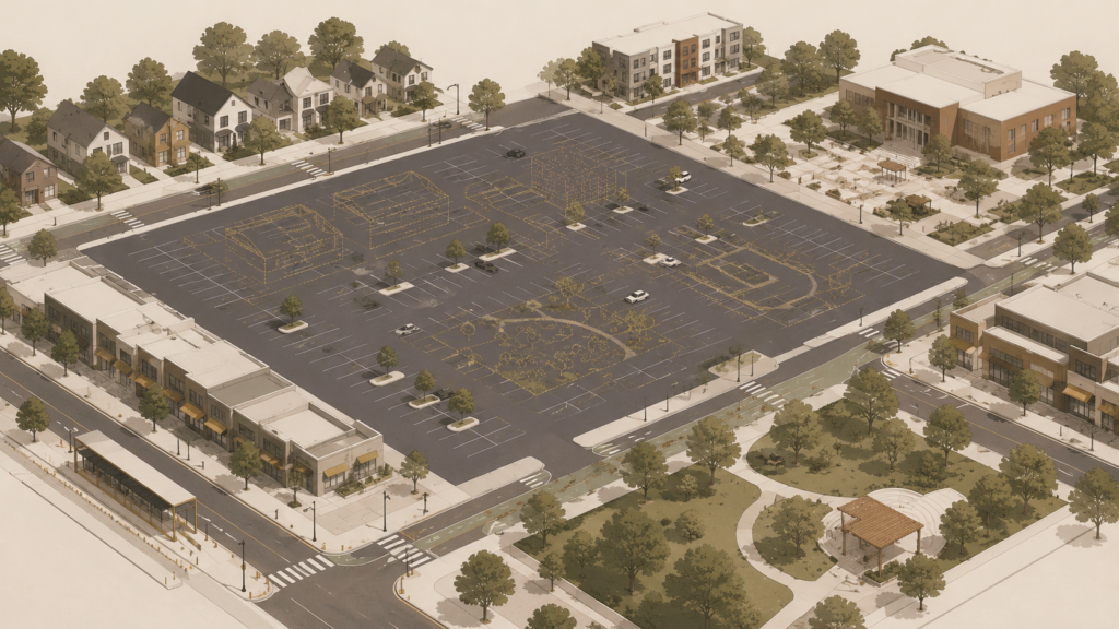Minimalist editorial illustration showing a large surface parking lot surrounded by homes, businesses, sidewalks, transit, and public spaces, representing parking as urban land-use infrastructure.