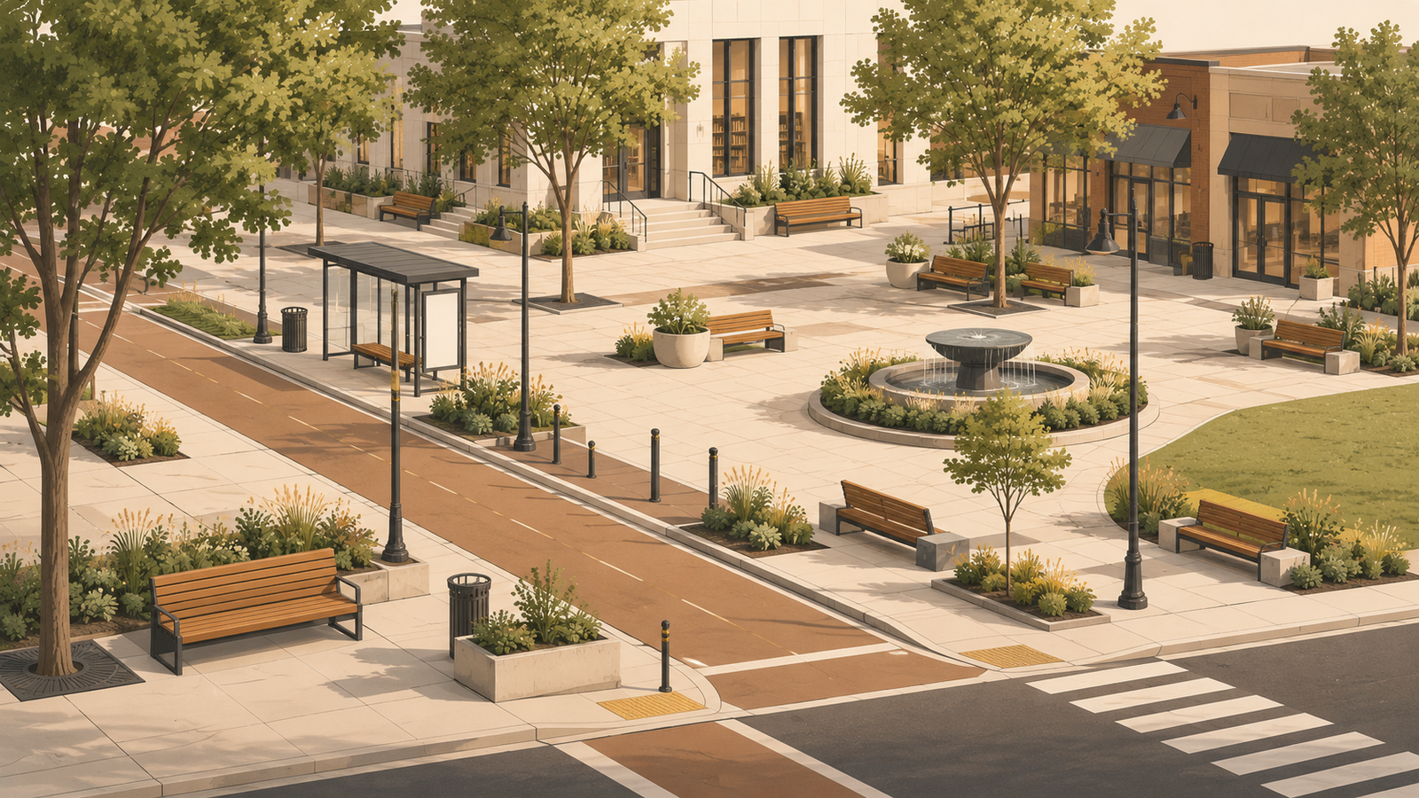 Minimalist editorial illustration of public benches integrated throughout a walkable neighborhood, representing public seating as essential civic infrastructure.