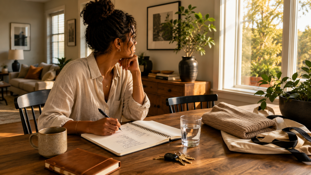 quarterly household reset review taking place in a calm organized home environment