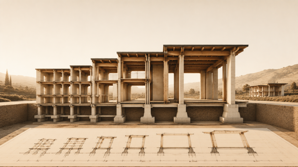 Minimalist architectural cutaway of a family home evolving into independent structural systems, symbolizing parenting that develops capable, responsible adults through intentional growth.