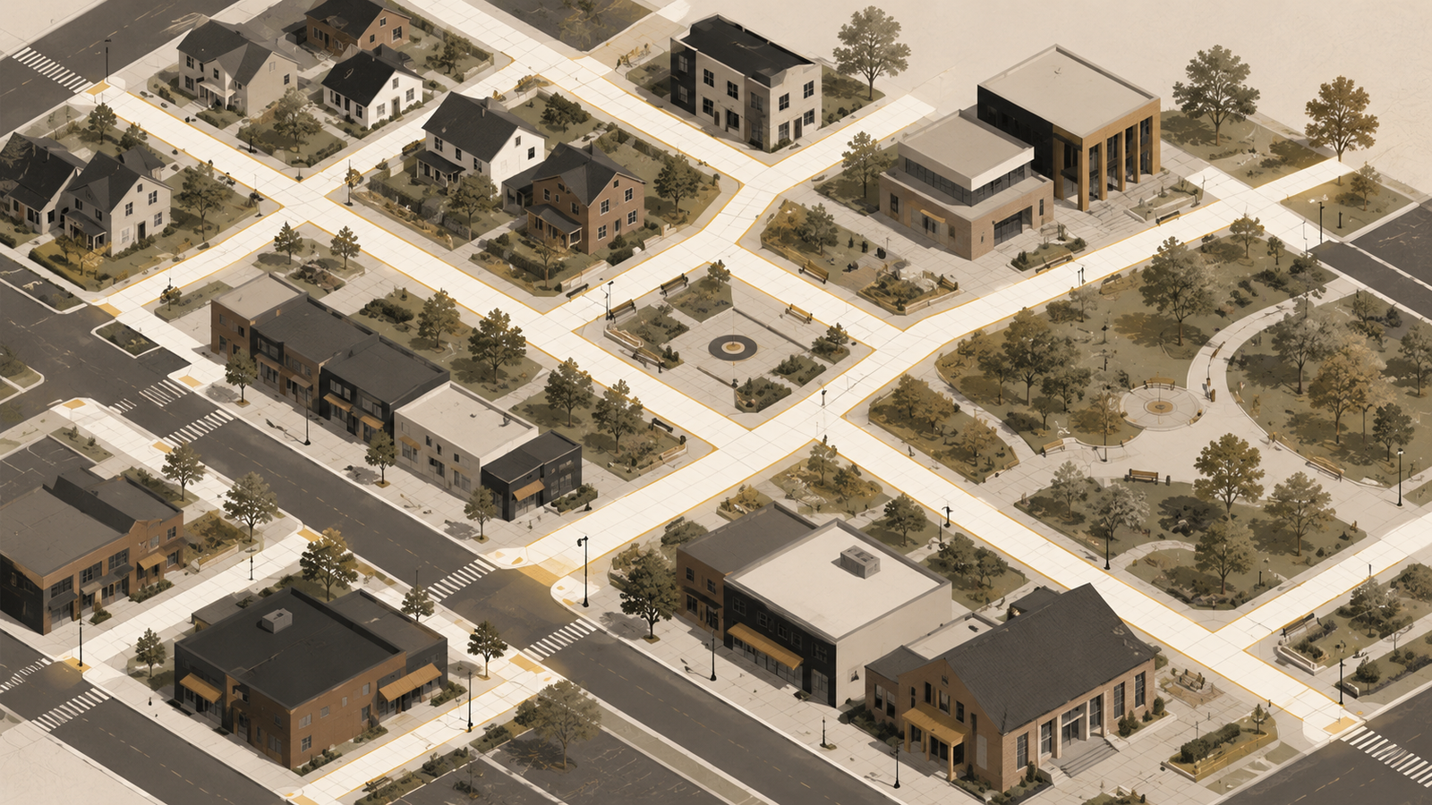 Minimalist editorial illustration of an interconnected neighborhood where broad sidewalks connect homes, local businesses, parks, a library, and public spaces, demonstrating sidewalks as essential economic infrastructure.