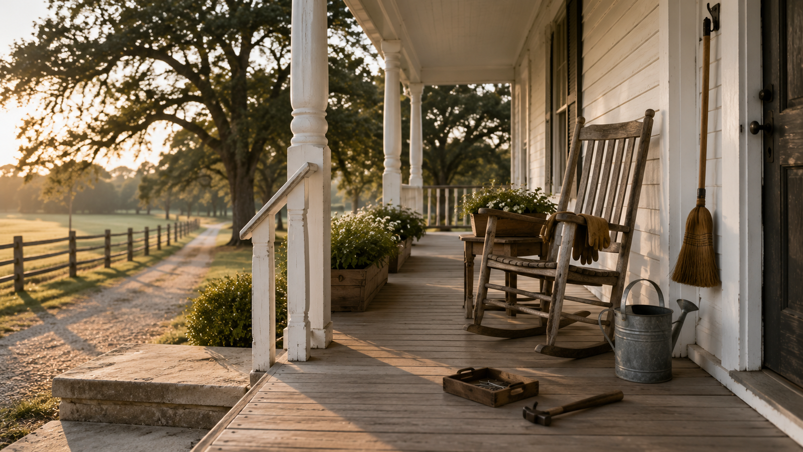 Southern front porch with a rocking chair, broom, hammer, nail tray, gloves, and watering can representing how small habits reveal character.