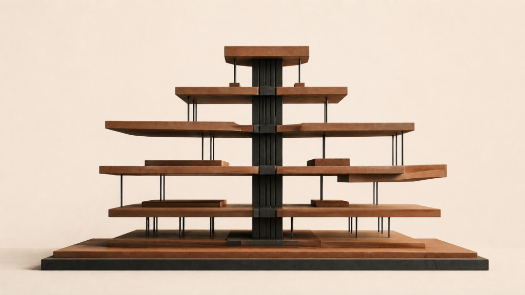 Layered architectural structure representing a U.S. hybrid sovereign wealth model with controlled capital flow and governance