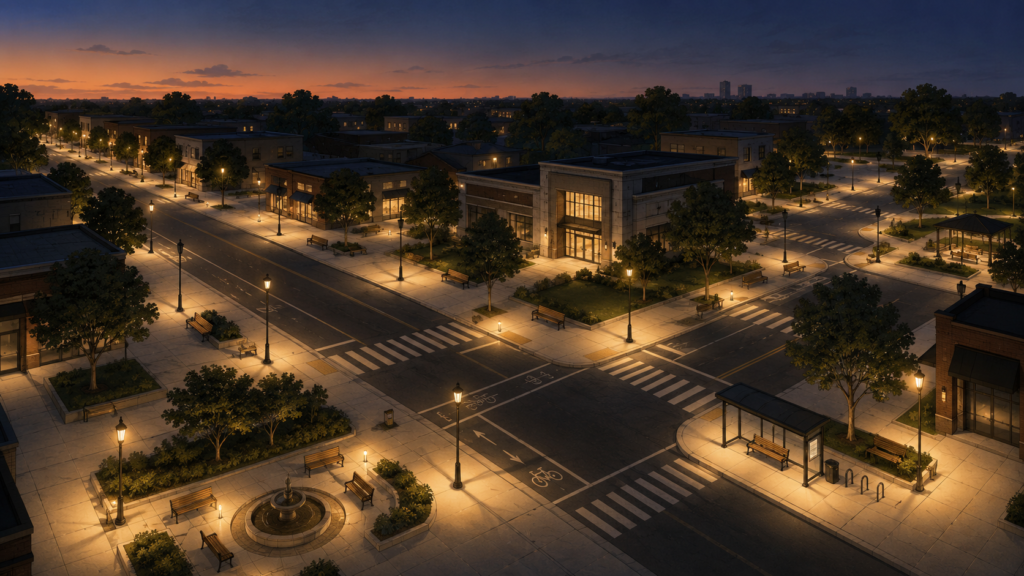 Minimalist editorial illustration of a walkable neighborhood illuminated by connected streetlights, showing street lighting as essential public infrastructure supporting safe movement after dark.