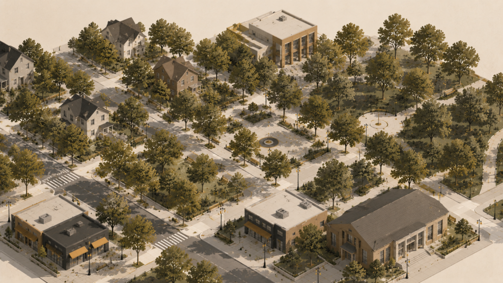 Minimalist editorial illustration of a walkable neighborhood with a continuous canopy of mature street trees connecting homes, local businesses, a library, parks, and civic buildings, representing street trees as essential public infrastructure.