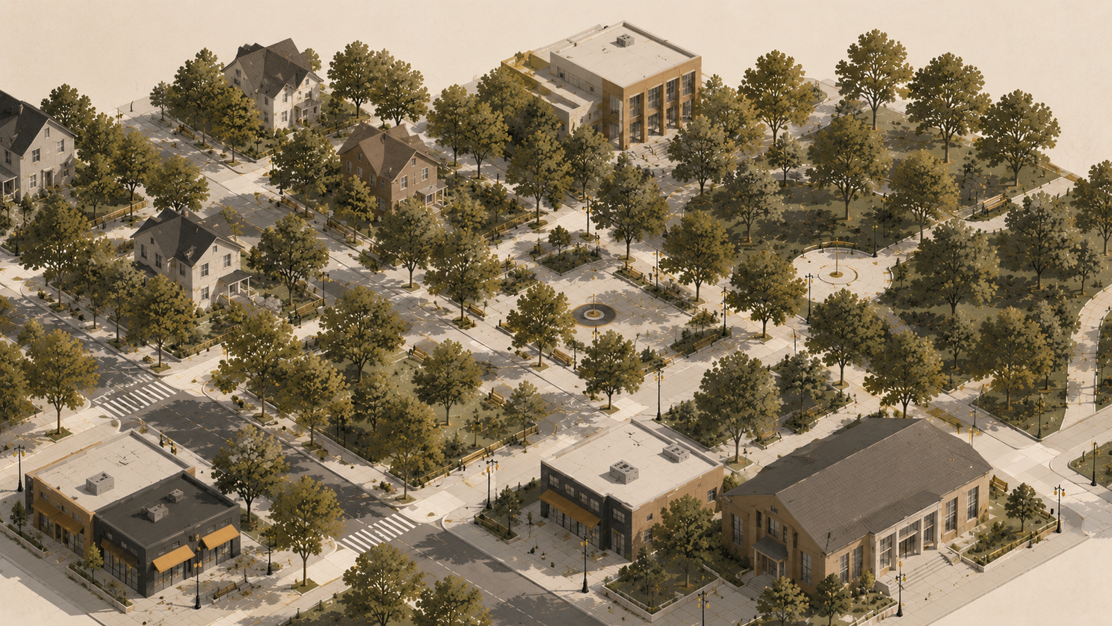 Minimalist editorial illustration of a walkable neighborhood with a continuous canopy of mature street trees connecting homes, local businesses, a library, parks, and civic buildings, representing street trees as essential public infrastructure.