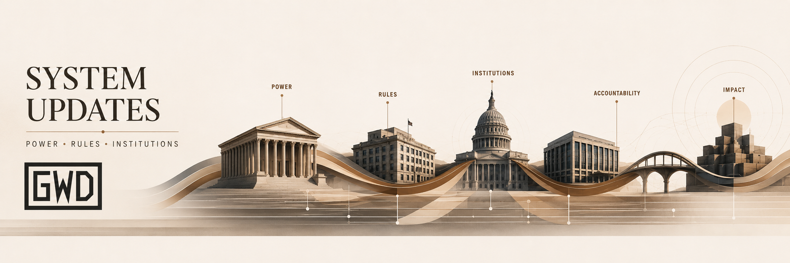 System Updates series banner representing power rules institutions accountability and impact