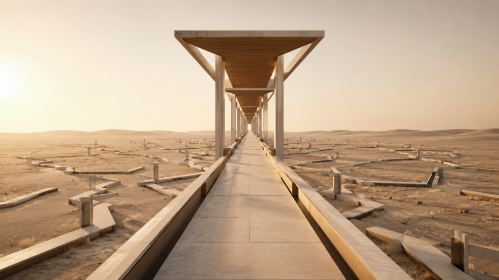 Minimalist architectural illustration showing one protected elevated pathway surrounded by fragmented walkways, representing how structured environments support sustained focus.