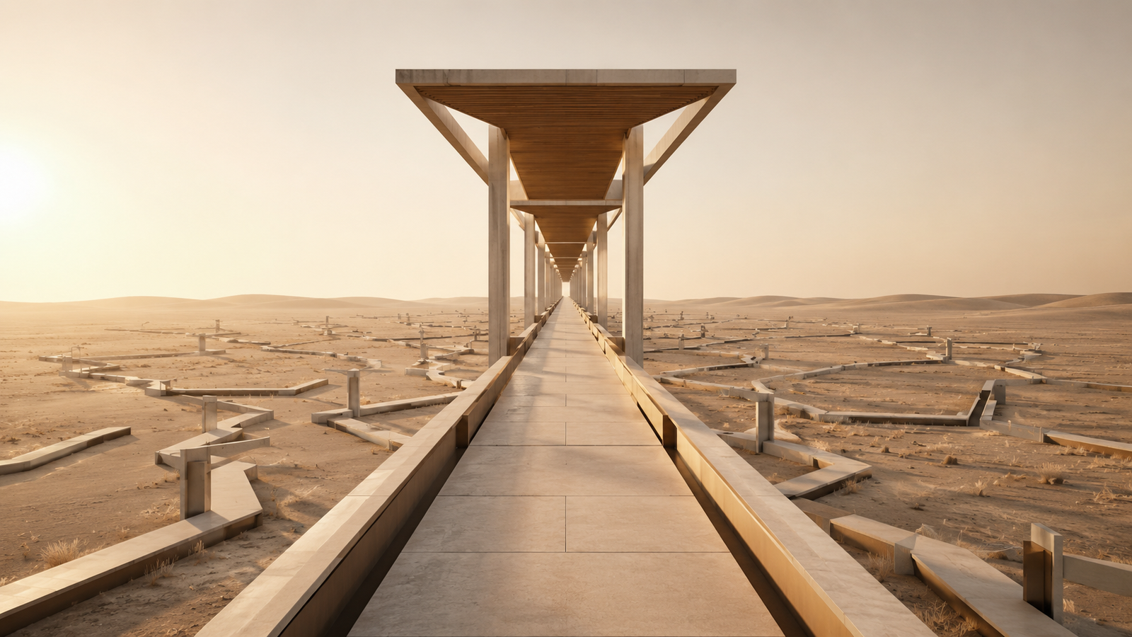 Minimalist architectural illustration showing a protected elevated pathway surrounded by fragmented walkways, representing structured focus and protected attention.