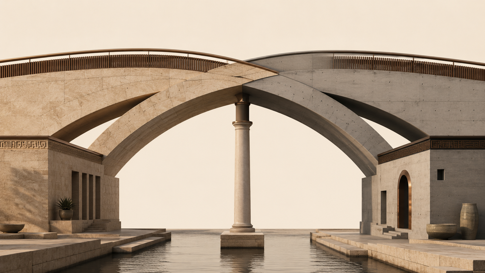 The Children of Translation represented by overlapping architectural arches and a central column bridging languages, cultures, and generations.