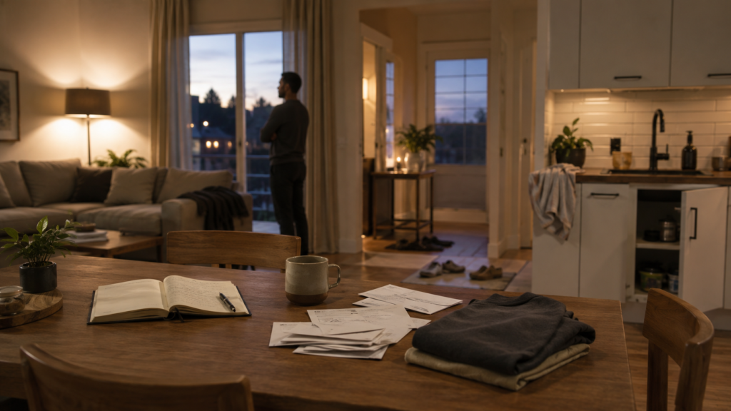 editorial home interior showing subtle disorder and unfinished routines reflecting the cost of living without ritual