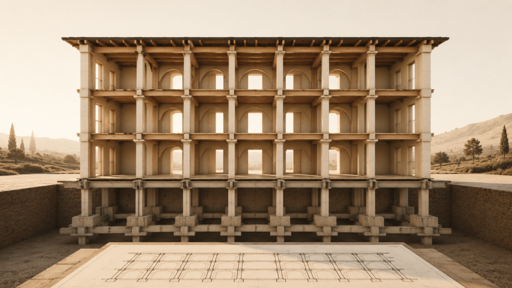 Minimalist architectural cutaway of a family home with repeating structural patterns and layered foundations representing how children remember consistent routines, emotional stability, and repeated examples.